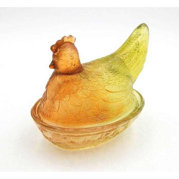 Unmarked Other - Glass Hen On Nest Ombre Amber Yellow Covered Candy Dish 6 Inch Vintage